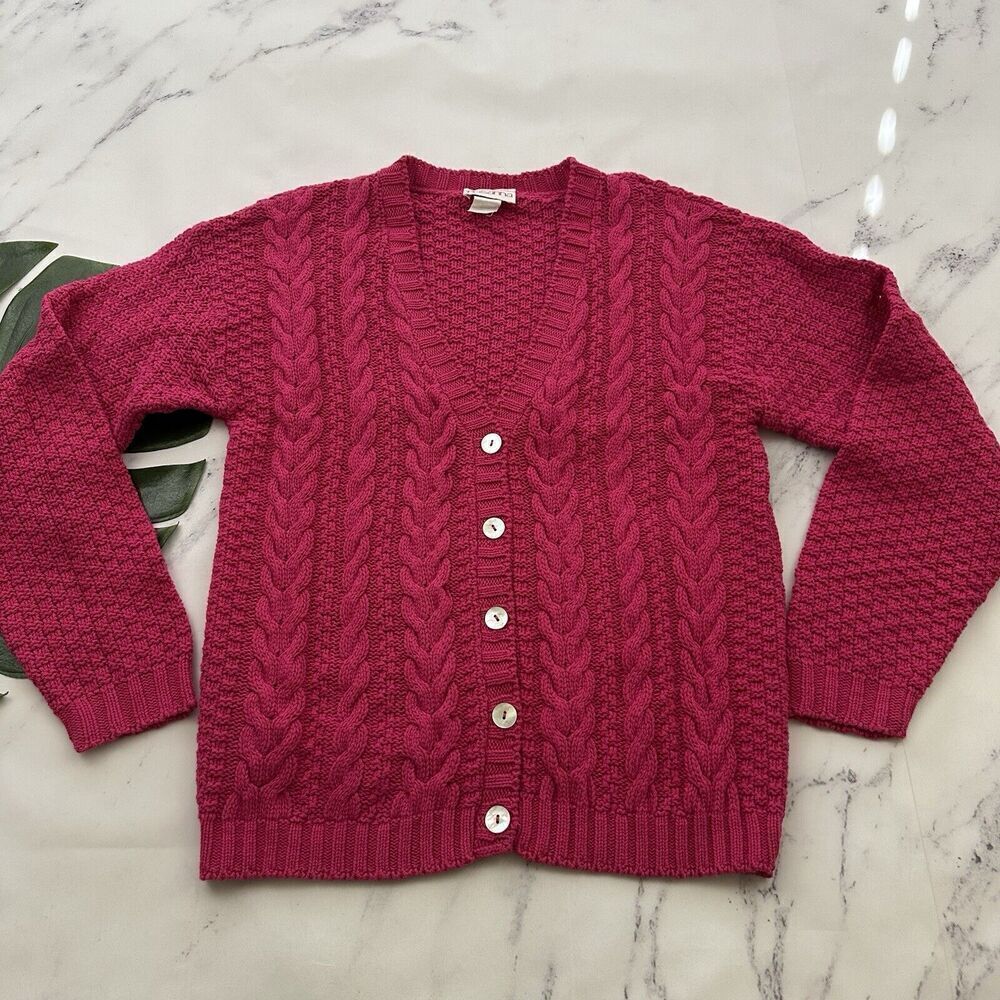 Rosanna Womens Vintage 90s Cardigan Sweater Size M Bright Pink Cable Knit Cotton